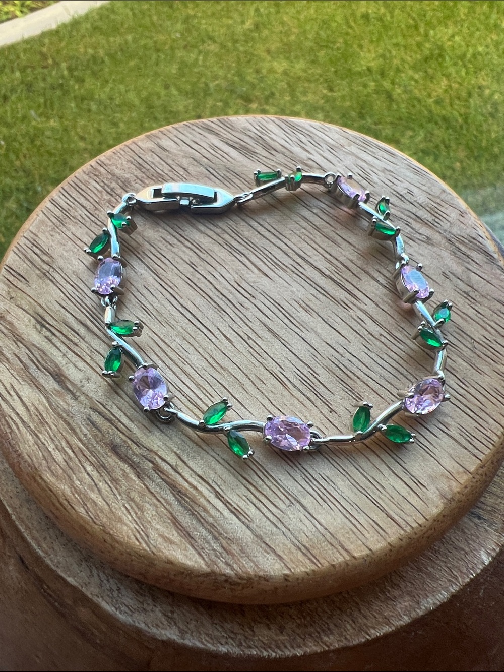 Silver Bracelet with Pink and Green Stones - Women Jewelry
